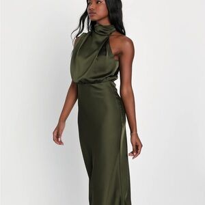 Lulus Distinctive Charm Olive Green Satin Asymmetrical Midi Dress
